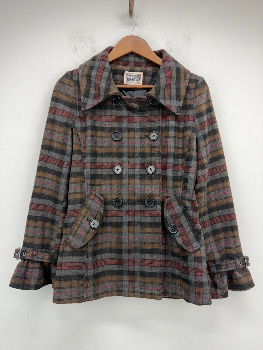 Converse One Star Sz Small Women’s Gray Multicolor Plaid Double Breasted Peacoat